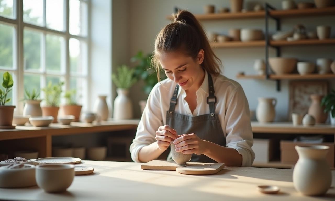 Eine Keramikerin bei der Arbeit in einem lichtdurchfluteten Atelier, umgeben von maßgefertigten Keramikstücken.